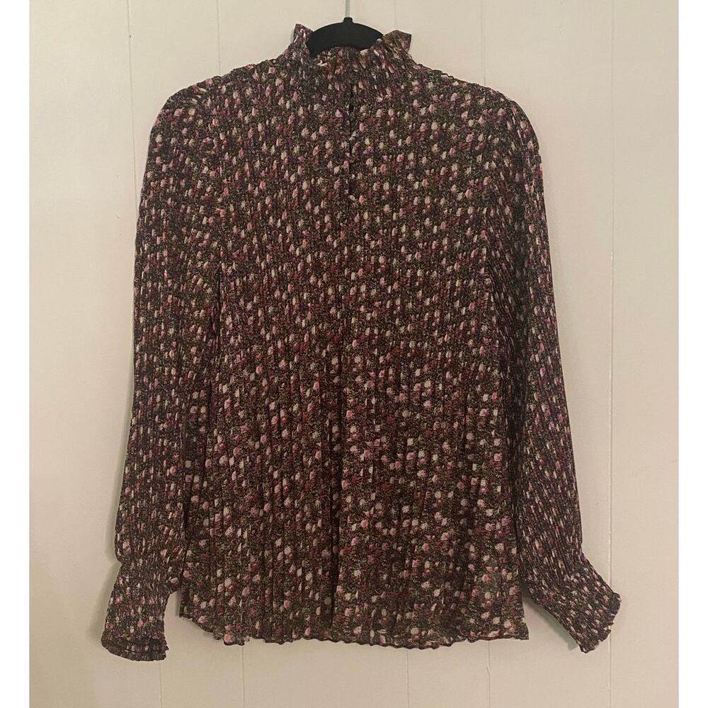 CAbi Blouse High Button Ruffle Neck Floral‎ Pleated Balloon Sleeve Small Modest